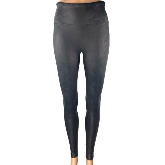 Spanx Black Faux Leather Mid Rise Skinny Fitness Workout Gym Leggings Pants Sz S - Picture 1 of 5